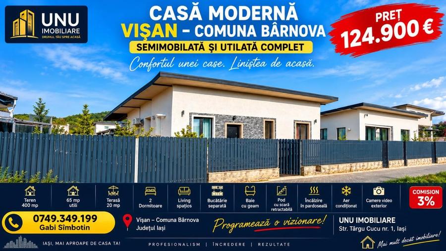 CASĂ 2021 VIȘAN – BÂRNOVA, 400mp teren, Living+ 2 Dormitoare, Mobilata și Utilată, 124900 €