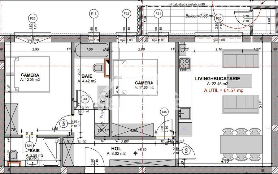 Apartament decomandat cu 3 camere, 2 bai -s.utila 61.57 mp - loc de parcare