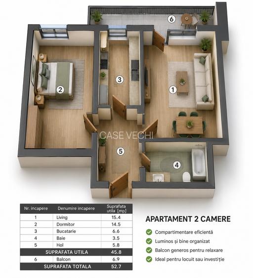 NOVUM GROZAVESTI | 2 camere | 52,7 mp total | etaj 9 | balcon generos - 16