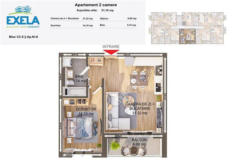 Apartament cu 2 camere etaj 1 la cheie 51 mp zona Brana din Selimbar