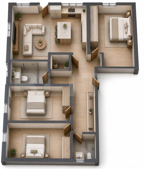 Apartament generos cu 4 camere și două băi, 90,75 mp