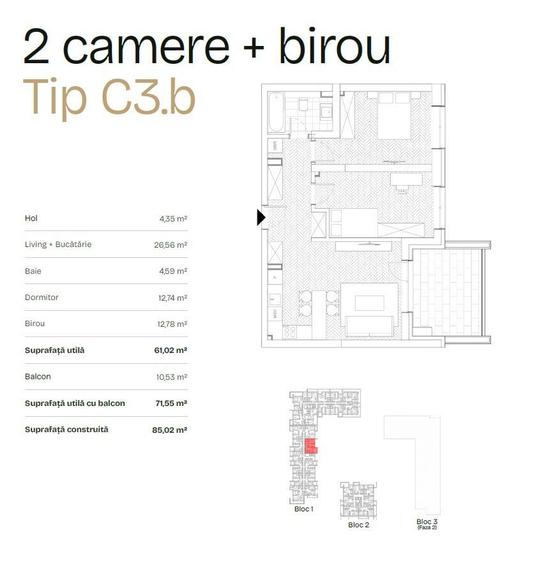 De Vanzare Apartament 2 camere + birou + terasa 10.53mp, Bdul Ghencea