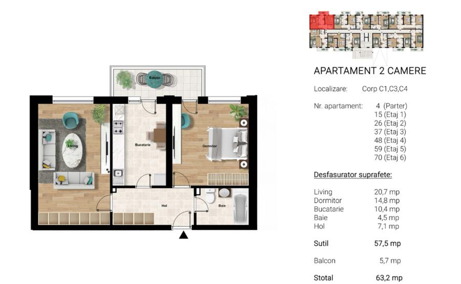 Apartament 2 camere decomandat cu suprafață de 63.2 mp, 7 minute Metrou Berceni