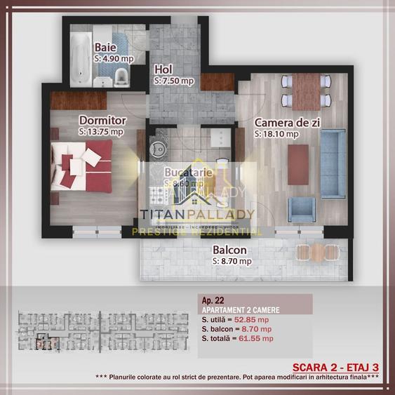 INVESTITIE 2 cam.61.55mp–TITAN-PALLADY–Metrou–Decomandat