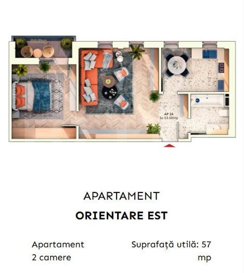 Apartament 2 camere semidecomandate, 52 mp, 9.30mp balcon, parcare subterana