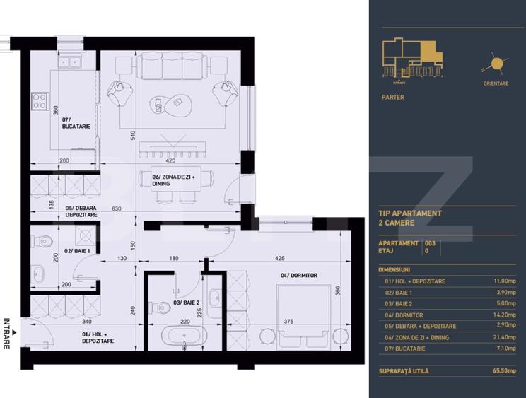 Apartament cu 2 camere, 2 bai si gradina, 65.5 mp - Complex Rezidential Nou