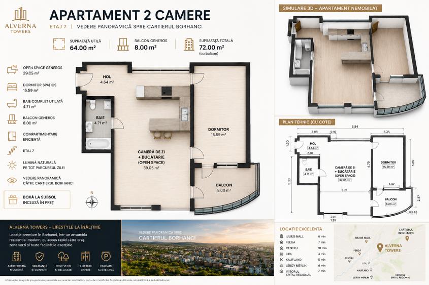 Apartament 2 camere | 64 m² utili | Etaj 7 | Alverna Towers