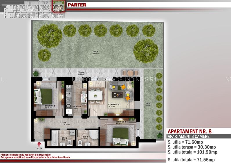 Neofort 50 Titan II–3 camere cu terasa si curte, langa metrou, promotie parcare