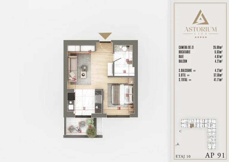 Garsonieră Astorium Life | 37,50 mp utili + balcon | Bloc C | Comision 0%