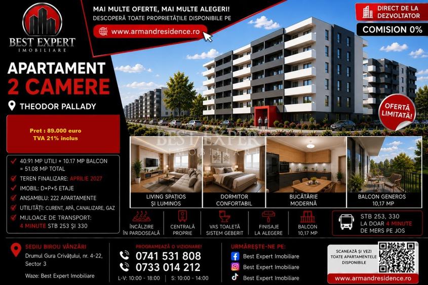 2 Camere Pallady | Avans 15% | Parcare -50% | Ideal Investiție | Comision 0%