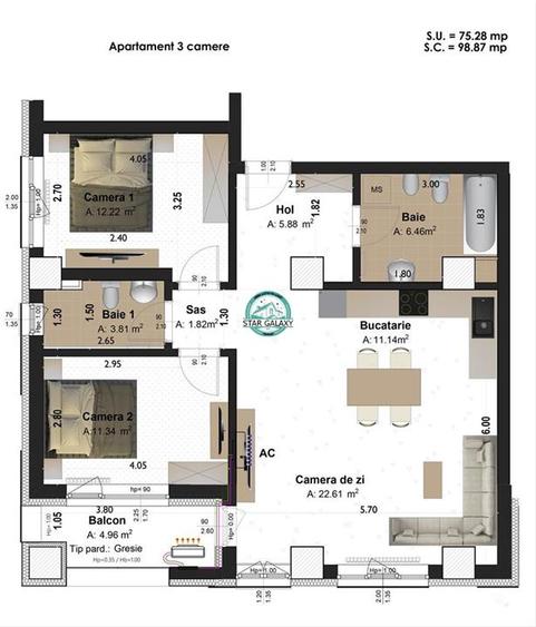 Apartament cu 3 camere si 2 bai de vanzare, in Tudor, Concept 9