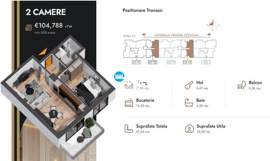 Apartament 2 camere,61.64 mp,bloc nou,zona Nicolina Selgros