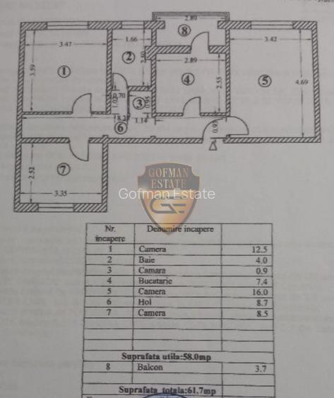 Apartament 3 camere, Inel 1, 62mp, et 3, gaze, decomandat, balcon - 2