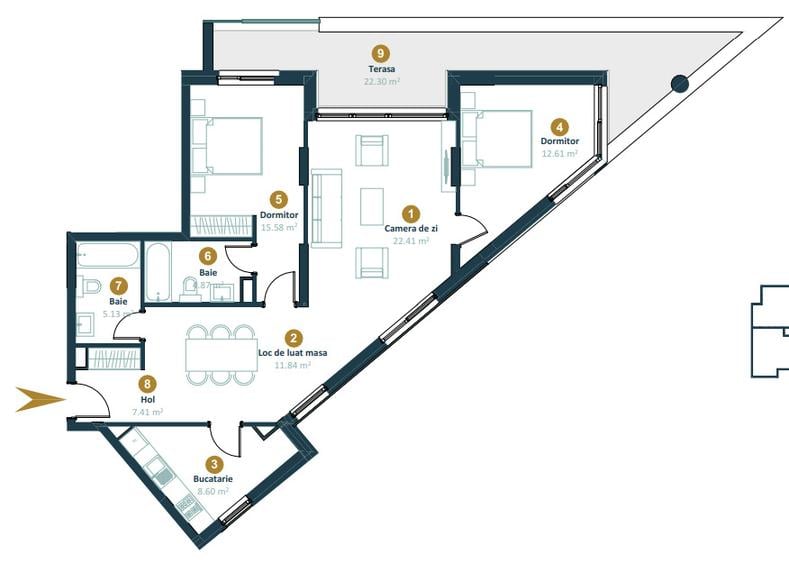 Apartament semifinisat, 3 camere, 2 băi, terasă 22mp, Între Lacuri
