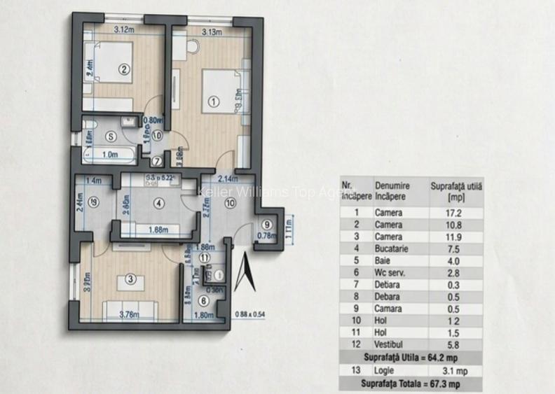 **Apartament cu 3 camere | 64,2 mp utili | 2 băi | Bloc 1985 | Etaj 7/8 | Sector - 19