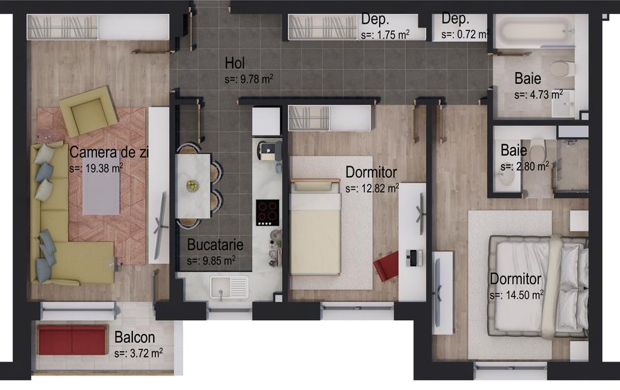 Apartament 3 camere decomandat Tip 2V