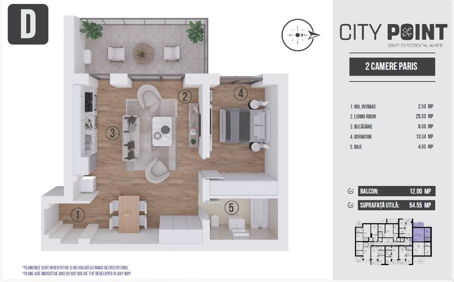 Apartament 2 camere premium - City Point Aviatiei  - Balcon generos