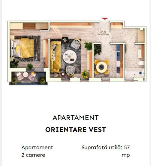 Apartament 2 camere semidecomandate, 52 mp, 9.30mp balcon, parcare subterana