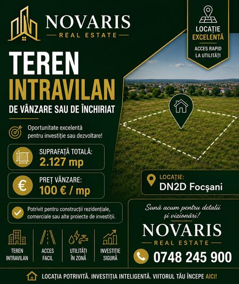 Teren intravilan de vânzare/închiriat DN2D, Focșani
