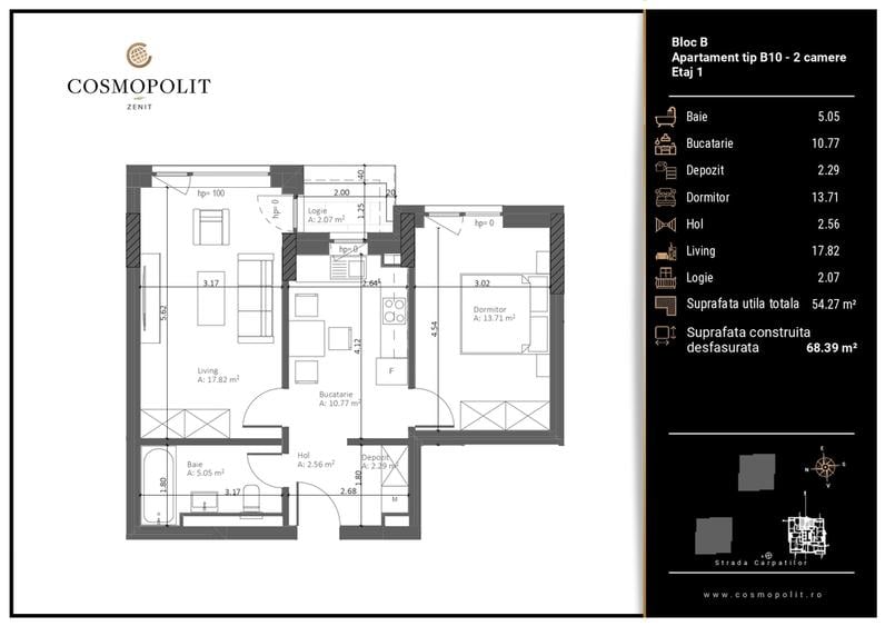 Apartament 2 camere - Bloc B, etaj 1, orientare EST