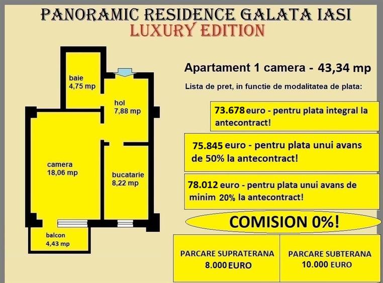 Apartament 1 camera de vanzare in Iasi, Galata, 43,34 mp, bloc nou