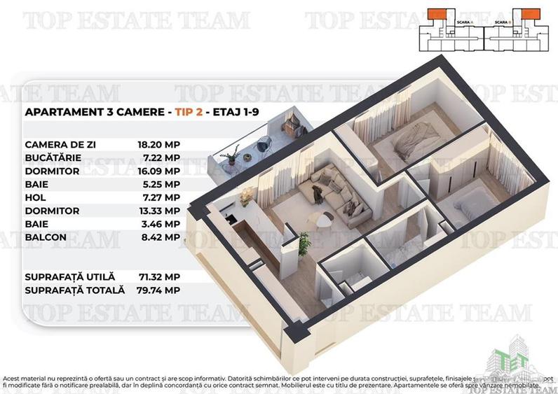 Apartament 3 camere intr-un bloc nou, modern, 71mp utili + balcon, la 15 minute