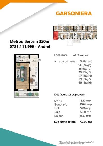 Metrou Berceni 350m - garsoniera spatioasa 45mp