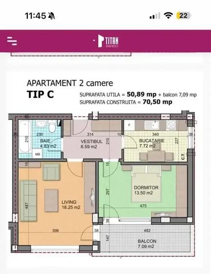 Apartament cu 2 camere, de vânzare, în complexul Titan Apartments