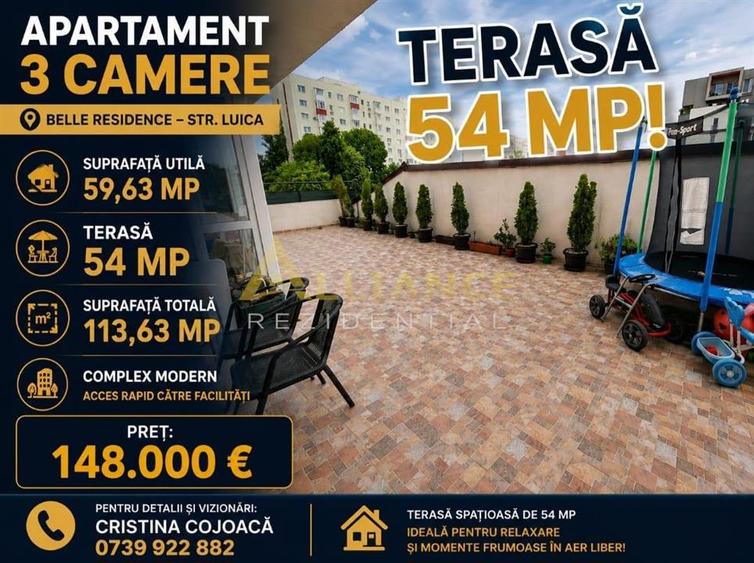 Brancoveanu | Apartament 3 camere + Terasa 54 mp | Mobilat si Utilat | Bloc Nou