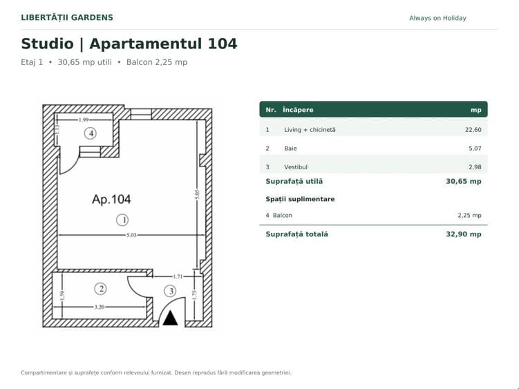Studio 30,65 mp + balcon | Etaj 1 | Libertății Gardens Otopeni