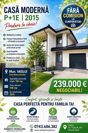 VILĂ individuală P+1E, teren 450 mp, mobilată, VASLUI, M. Grecilor - zona LCL;