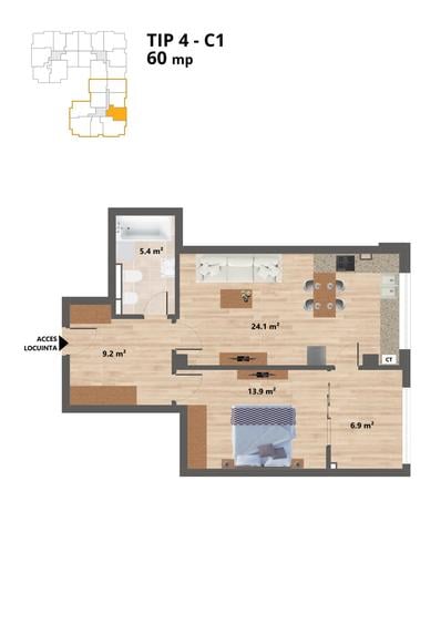 Apartament 2 camere 60mp CUG - Valea Adanca COD 158078