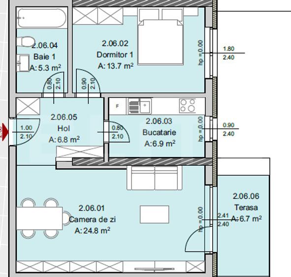 Apartament 2 camere, 57 mp, Terasa 7 mp, Imobil Nou, Semicentral