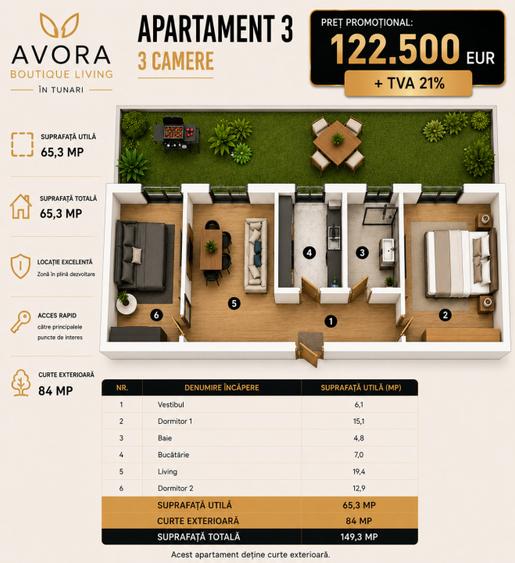 Avora Boutique Tunari, apartament 3 camere, langa Cosmopolis