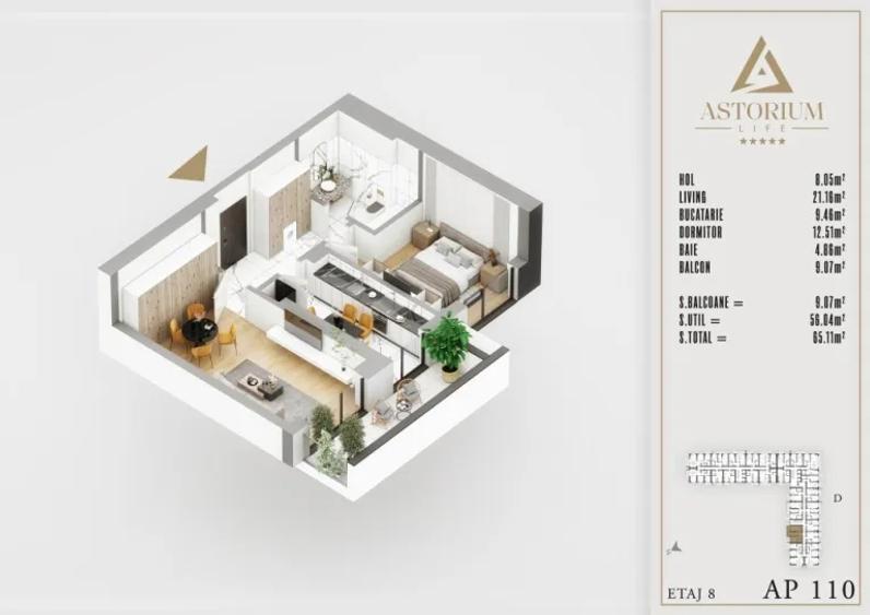 2 camere Astorium Life | 56,04 mp utili + balcon 9,07 mp | Comision 0%