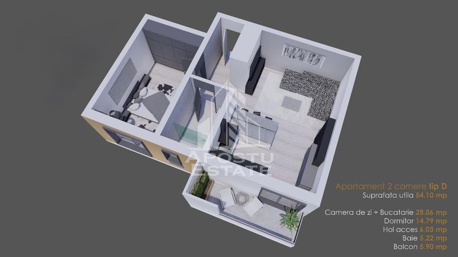 Apartament cu 2 camere 54 mp utili la parter finalizat la asfalt Giroc