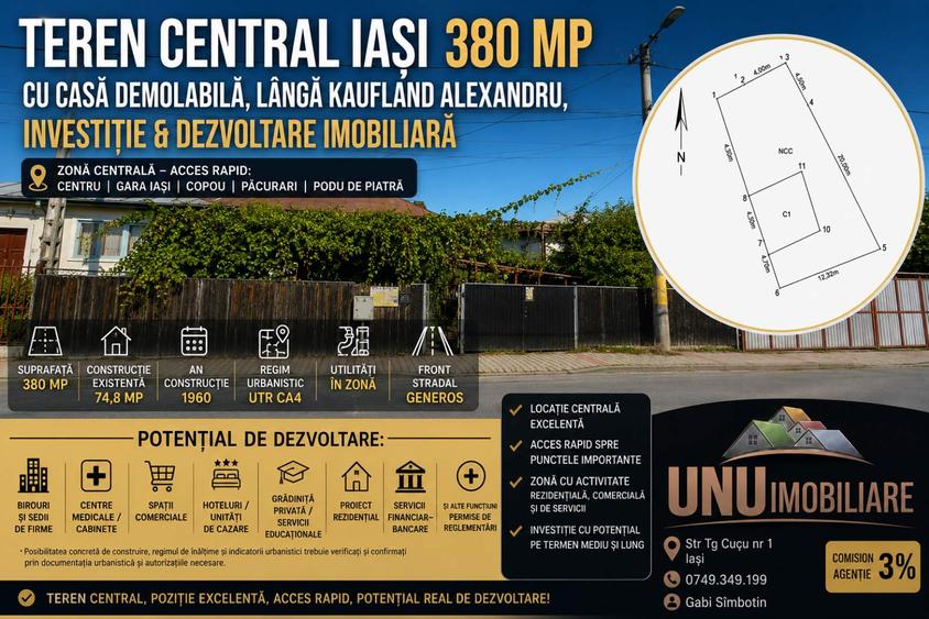 Teren Central Iași 380 mp cu Casă Demolabilă, Lângă Kaufland Alexandru, Investiție & Dezvoltare Imobiliară
