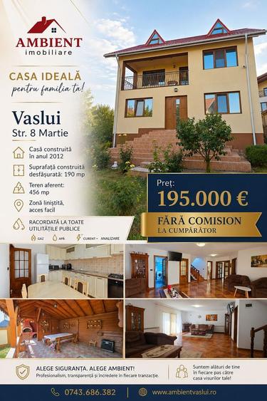 VILĂ P+1E - 190 mp, Teren 456 mp, mobilată și utilată, VASLUI - zona CARTIER;