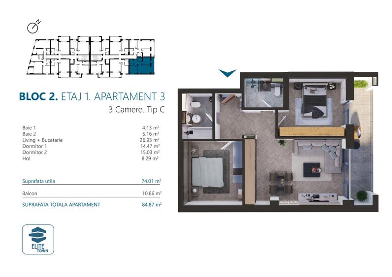 Elite Town Timisoara - Apartament 3 camere | TORONTALULUI - METRO 2