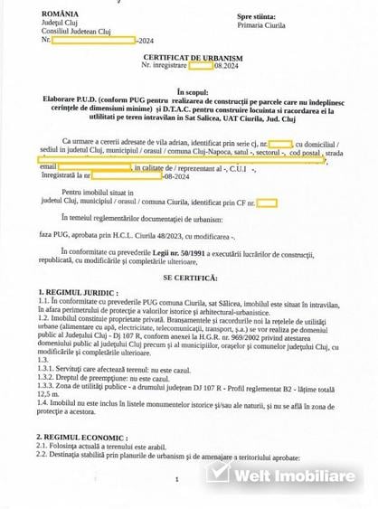 Teren Salicea, asfalt, utilitati, Certificat de Urbanism, 800 mp, 12,3m x 65m