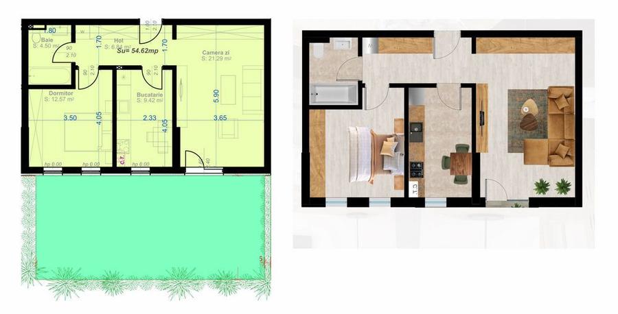 2 camere + Grădină 98mp, predare imediata, loc de parcare inclus Calea Aradului