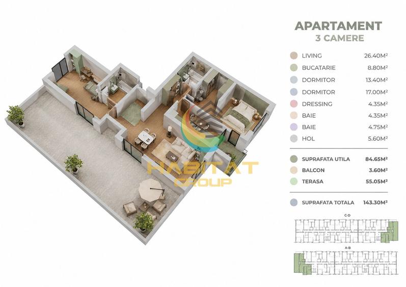 Vânzare Apartament 3 camere cu terasa | 143 mp total | Popești-Leordeni