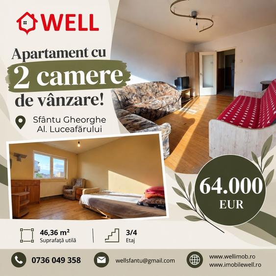 Apartament cu 2 camere de vânzare în Sfântu Gheorghe, pe Aleea Luceafărului!