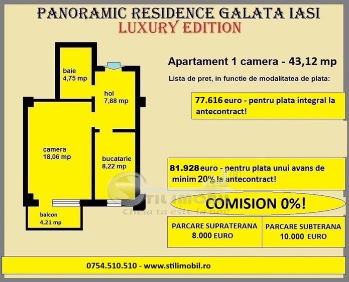 Apartament 1 camera de vanzare in Iasi, Galata, 43,12 mp, bloc nou