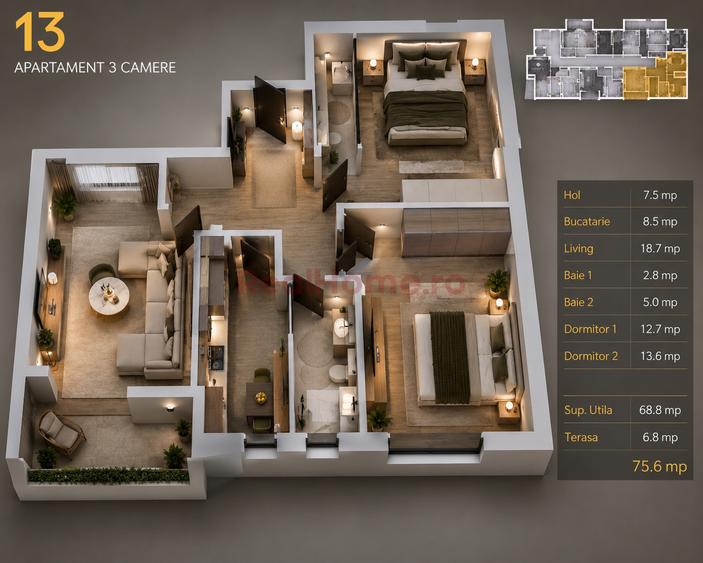 13 min Metrou | 3 Camere | lift | 2 balcoane | premium