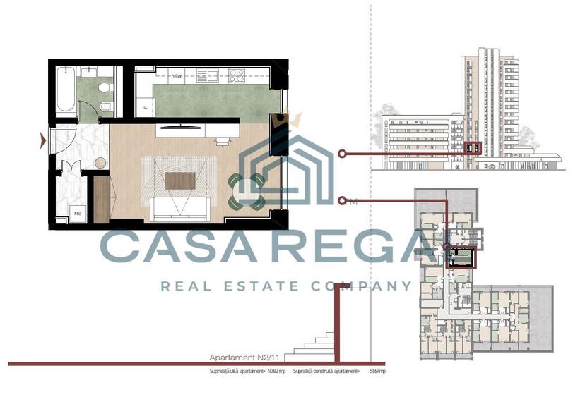 Apartament cu 1 camera, 40.82mp utili, etajul 2