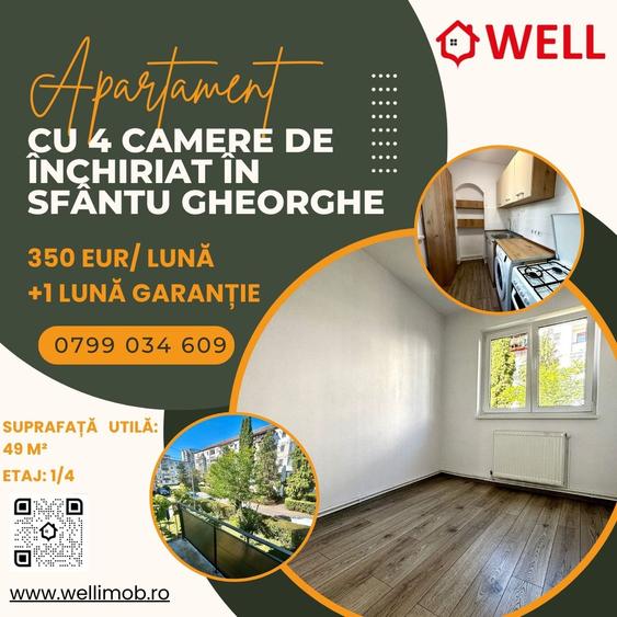 Apartament cu 4 camere de închiriat în Sfântu Gheorghe, pe strada Aleea Scurtă!