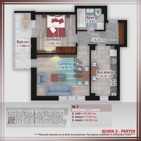 Apartament 2Cam- Decomandat- 60mp-Centrala,Metrou Teclu