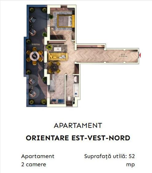 Apartament 2 camere semidecomandate, 52 mp, 9.30mp balcon, parcare subterana