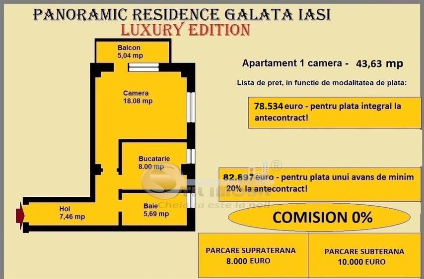 Apartament 1 camera de vanzare in Iasi, Galata, 43.63 mp, baie cu geam